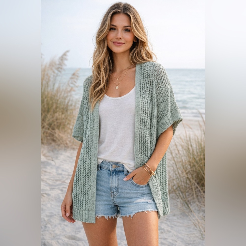 Mud Pie Sage Green Knit Cardigan One Size Lightweight #boho #beachy #layering